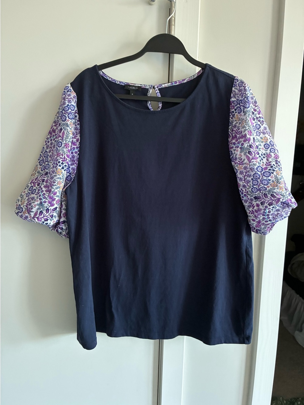 Talbots Navy Top with Purple Floral Puff Sleeves